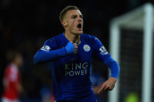 LEICESTER, ENGLAND - NOVEMBER 28: Jamie Vardy of Leicester City celebrates scoring his team's first goal during the Barclays Premier League match between Leicester City and Manchester United at The King Power Stadium on November 28, 2015 in Leicester, England. (Photo by Laurence Griffiths/Getty Images)