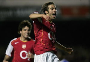 LONDON, ENGLAND - MAY 11: Mathieu Flamini of Arsenal celebrates scoring the seventh goal during the Barclays Premiership match between Arsenal and Everton at Highbury on May 11, 2005 in London, England. (Photo by Ben Radford/Getty Images)