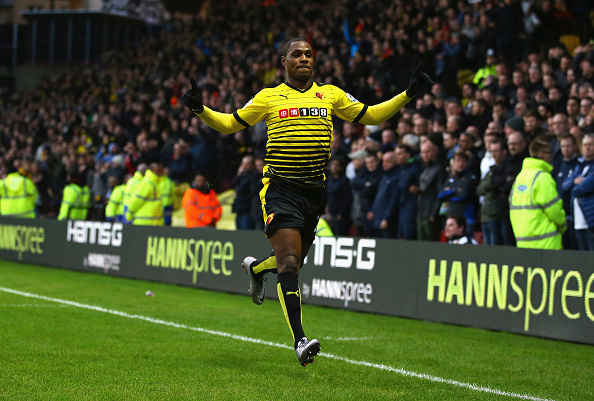 WATFORD, ENGLAND - DECEMBER 28: Odion Ighalo (R) of Watford celebrates scoring his team's first goal during the Barclays Premier League match between Watford and Tottenham Hotspur at Vicarage Road on December 28, 2015 in Watford, England. (Photo by Richard Heathcote/Getty Images)