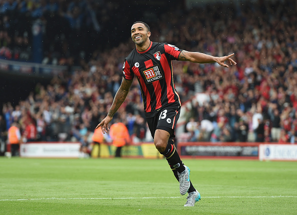 BOURNEMOUTH, ENGLAND - AUGUST 29: Callum Wilson of Bournemouth celebrates scoring his team's first goal during the Barclays Premier League match between A.F.C. Bournemouth and Leicester City at Vitality Stadium on August 29, 2015 in Bournemouth, England. (Photo by Michael Regan/Getty Images)