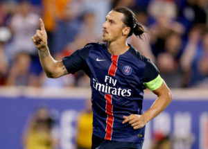 HARRISON, NJ - JULY 21: Zlatan Ibrahimovic #10 of Paris Saint-Germain celebrates his goal in the second half against AFC Fiorentina during the International Champions Cup at Red Bull Arena on July 21, 2015 in Harrison, New Jersey.Paris Saint-Germain defeated ACF Fiorentina 4-2. (Photo by Elsa/Getty Images)