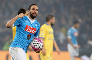 NAPLES, ITALY - MAY 14: Gonzalo Higuain of Napoli celebrates his team's second goal during the Serie A match between SSC Napoli and Frosinone Calcio at Stadio San Paolo on May 14, 2016 in Naples, Italy. (Photo by Maurizio Lagana/Getty Images)