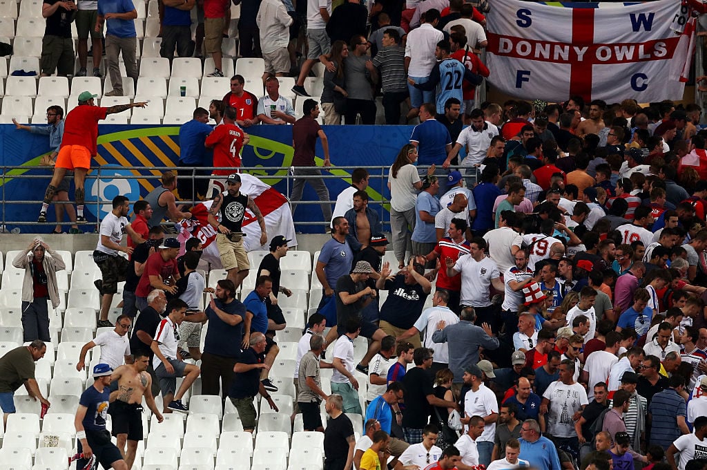 MARSEILLE, FRANCE - JUNE 11:  Fans clash after the UEFA EURO 2016 Group B match between England and Russia at Stade Velodrome on June 11, 2016 in Marseille, France.  (Photo by Lars Baron/Getty Images)