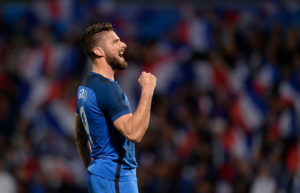 METZ, FRANCE - JUNE 04: Olivier Giroud of France celebrates his team's second goal during the International Friendly between France and Scotland on June 4, 2016 in Metz, France. (Photo by Daniel Kopatsch/Getty Images)