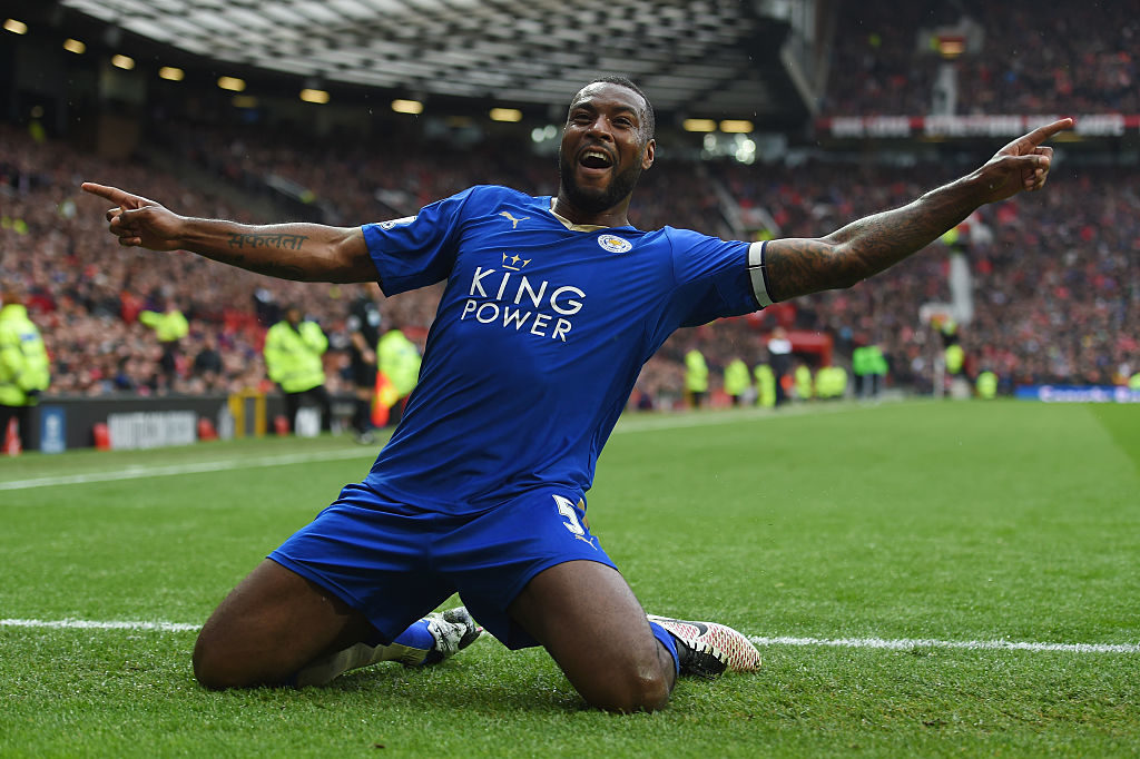 MANCHESTER, ENGLAND - MAY 01: Wes Morgan of Leicester City celebrates scoring his team's opening goal during the Barclays Premier League match between Manchester United and Leicester City at Old Trafford on May 1, 2016 in Manchester, England. (Photo by Michael Regan/Getty Images)