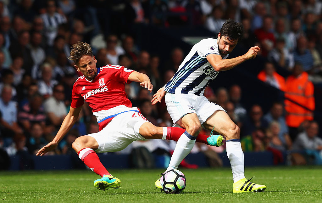 WEST BROMWICH, ENGLAND - AUGUST 28: Gaston Ramirez of Middlesbrough challenges Claudio Yacob of West Bromwich Albion during the Premier League match between West Bromwich Albion and Middlesbrough at The Hawthorns on August 28, 2016 in West Bromwich, England.  (Photo by Michael Steele/Getty Images)