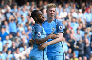 MANCHESTER, ENGLAND - SEPTEMBER 17:  Raheem Sterling of Manchester City (L) celebrates scoring his sides third goal with Kevin De Bruyne of Manchester City (R) during the Premier League match between Manchester City and AFC Bournemouth at the Etihad Stadium on September 17, 2016 in Manchester, England.  (Photo by Stu Forster/Getty Images)