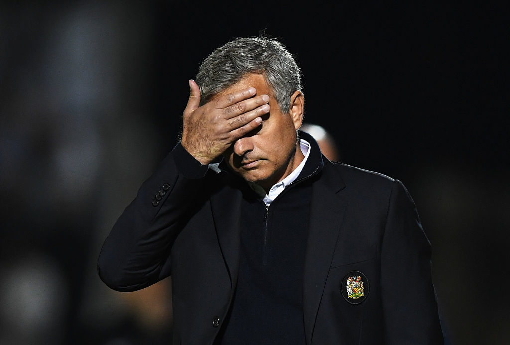 NORTHAMPTON, ENGLAND - SEPTEMBER 21: Jose Mourinho, Manager of Manchester United looks dejected during the EFL Cup Third Round match between Northampton Town and Manchester United at Sixfields on September 21, 2016 in Northampton, England. (Photo by Shaun Botterill/Getty Images)