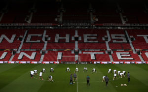 MANCHESTER, ENGLAND - MARCH 16: A general view as the Liverpool players warm up during a training session ahead of the UEFA Europa League round of 16 second leg match between Manchester United and Liverpool at Old Trafford on March 16, 2016 in Manchester, England. (Photo by Steve Bardens/Getty Images)