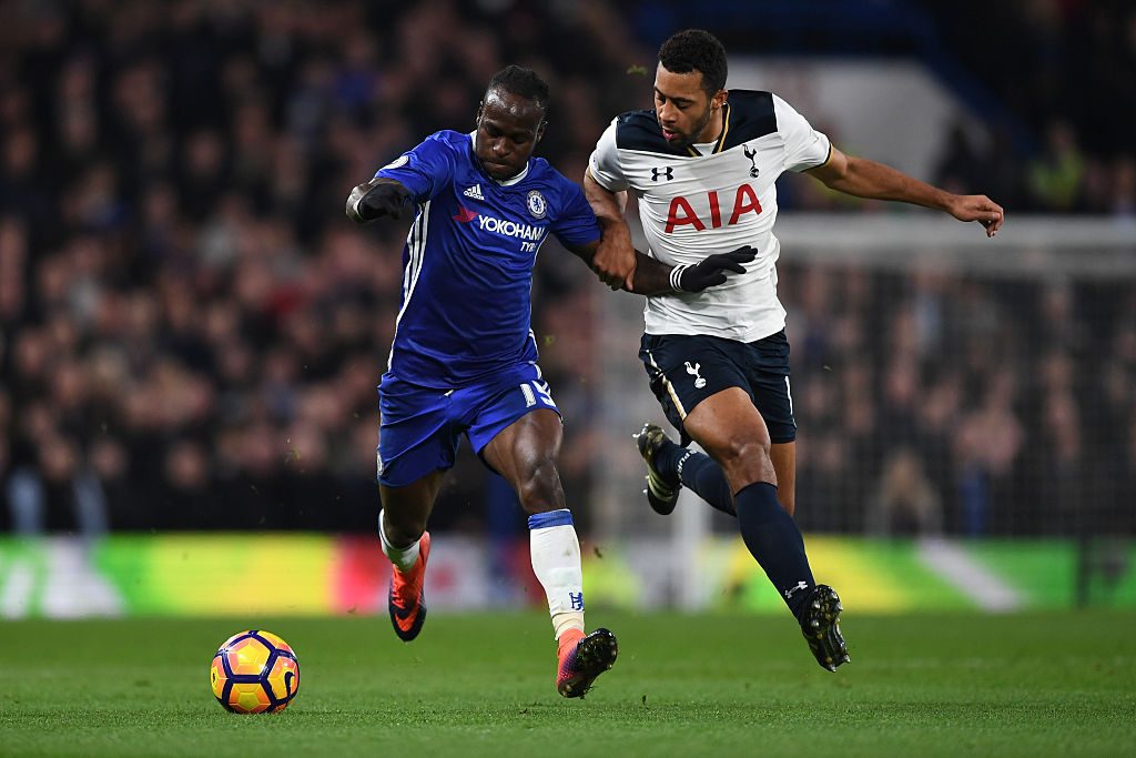LONDON, ENGLAND - NOVEMBER 26:  Victor Moses of Chelsea and Mousa Dembele of Tottenham Hotspur compete for the ball during the Premier League match between Chelsea and Tottenham Hotspur at Stamford Bridge on November 26, 2016 in London, England.  (Photo by Shaun Botterill/Getty Images)