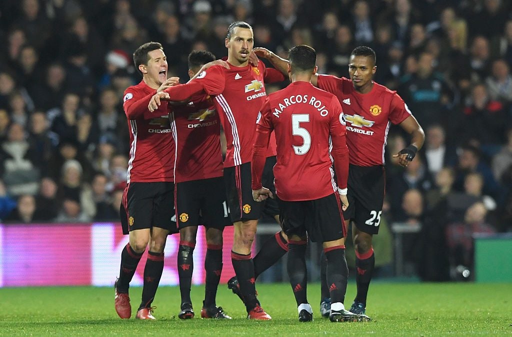 WEST BROMWICH, ENGLAND - DECEMBER 17: Zlatan Ibrahimovic of Manchester United (C) celebrates scoring his sides second goal with his Manchester United team mates during the Premier League match between West Bromwich Albion and Manchester United at The Hawthorns on December 17, 2016 in West Bromwich, England.  (Photo by Stu Forster/Getty Images)