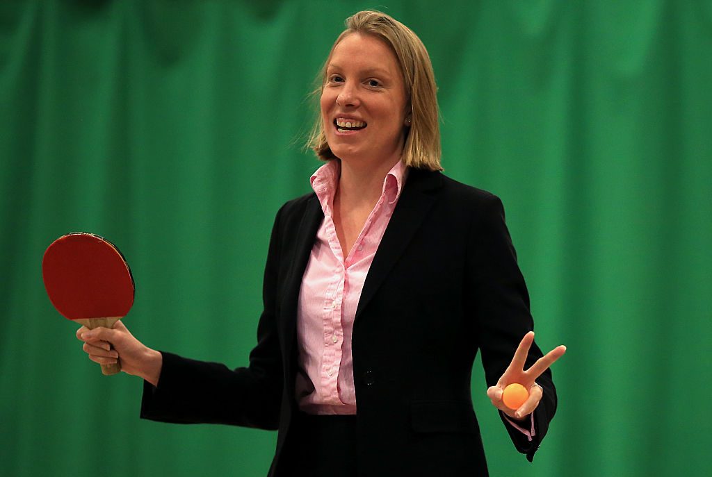 NORWICH, ENGLAND - MAY 28: Sports Minister Tracey Crouch MP plays table tennis during her visit to the Sport England 'Fit for Fun' project at the University of East Anglia on May 28, 2015 in Norwich, England. (Photo by Stephen Pond/Getty Images for Sport England)