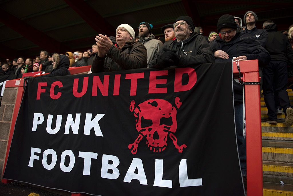 MANCHESTER, ENGLAND - JANUARY 28: FC United of Manchester Fans look on during the National League North match between FC United of Manchester v Salford City at the Broadhurst Park on January 28, 2017 in Manchester, England (Photo by Nathan Stirk/Getty Images)