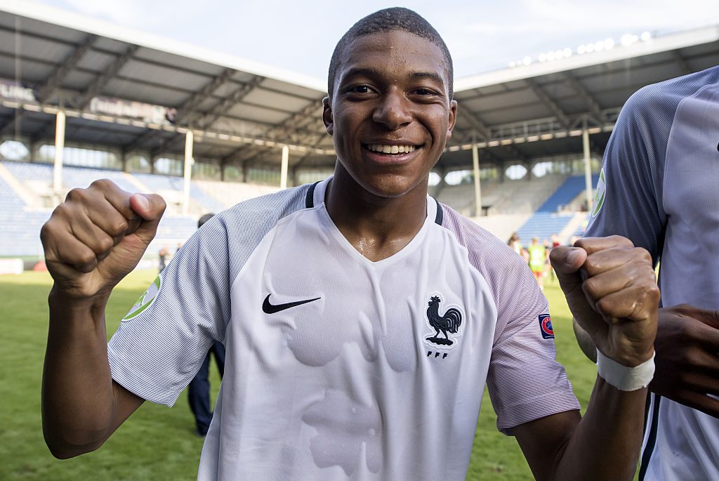 MANNHEIM, GERMANY - JULY 21: Kylian Mbappe of France celebrates the victory during the U19 match between Portugal and France at Carl-Benz-Stadium on July 21, 2016 in Mannheim, Germany. (Photo by Alexander Scheuber/Bongarts/Getty Images)