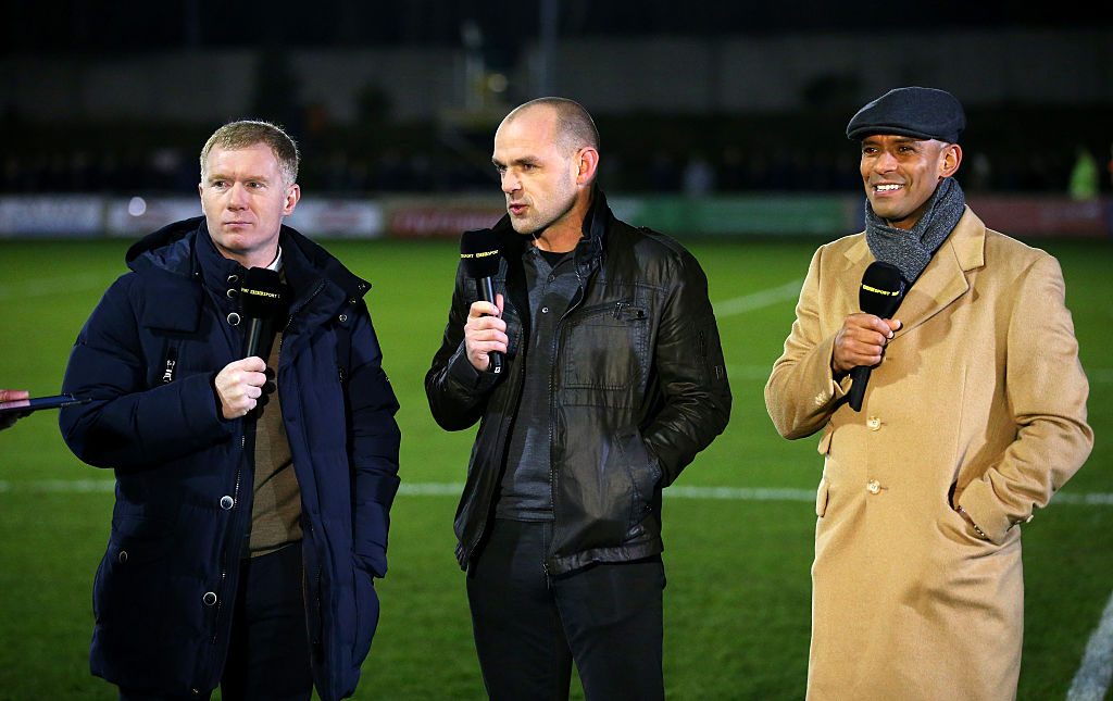 SALFORD, ENGLAND - DECEMBER 04: The BBC pundits (L-R) Paul Scholes, part owner of Salford City and former players Danny Murphy and Trevor Sinclair talk prior to the Emirates FA Cup Second Round match between Salford City and Hartlepool United at Moor Lane on December 4, 2015 in Salford, England. (Photo by Alex Livesey/Getty Images)