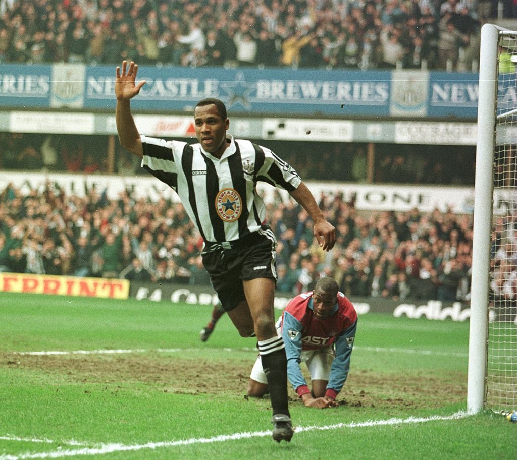 14 Apr 1996: Les Ferdinand of Newcastle celebrates after scoring during the Newcastle v Aston Villa Premier League match played at St. James'' Park. Mandatory Credit: Mike Hewitt/ALLSPORT