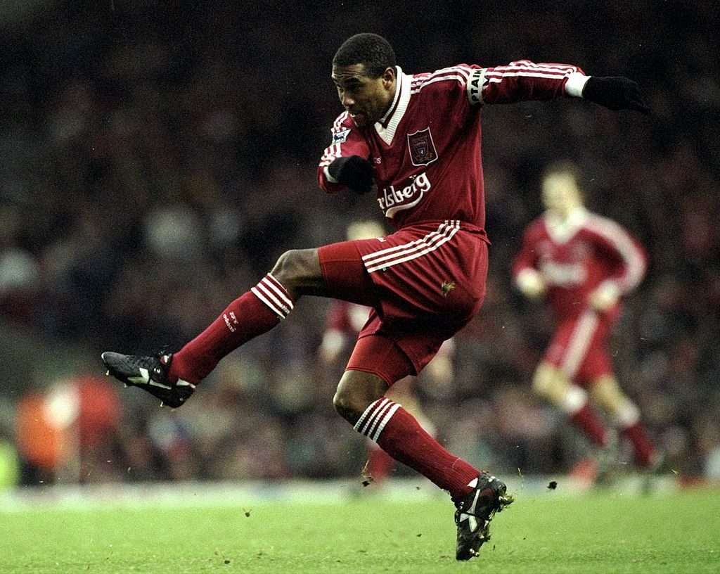23 Dec 1995:  John Barnes of Liverpool takes a shot at goal during the FA Carling Premiership match against Arsenal played at Anfield in Liverpool, England. Liverpool won the match 3-1.   Mandatory Credit: Clive  Brunskill/Allsport