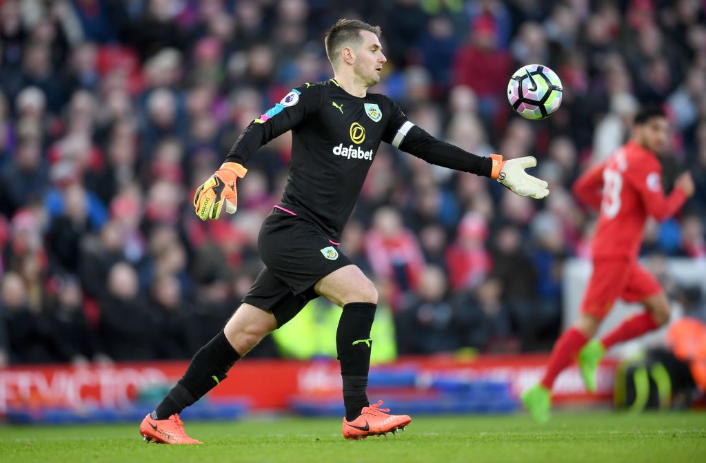 LIVERPOOL, ENGLAND - MARCH 12: Thomas Heaton of Burnley in action during the Premier League match between Liverpool and Burnley at Anfield on March 12, 2017 in Liverpool, England. (Photo by Michael Regan/Getty Images)