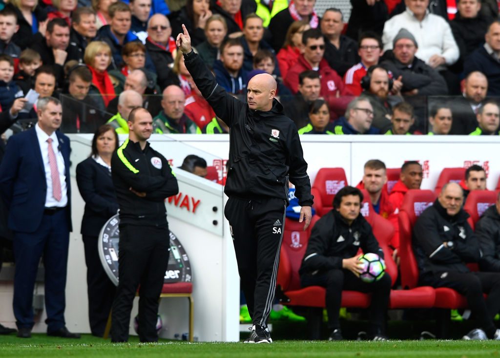 MIDDLESBROUGH, ENGLAND - MARCH 19: Steve Agnew, caretaker manager of Middlesbrough gives his team instructions during the Premier League match between Middlesbrough and Manchester United at Riverside Stadium on March 19, 2017 in Middlesbrough, England.  (Photo by Stu Forster/Getty Images)