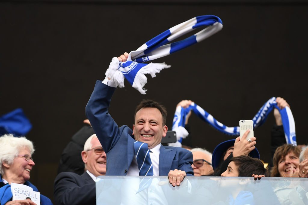 BRIGHTON, ENGLAND - APRIL 17:  Brighton Chairman Tony Bloom celelebrates at the end of the Sky Bet Championship match between Brighton & Hove Albion and Wigan Athletic at Amex Stadium on April 17, 2017 in Brighton, England.  (Photo by Mike Hewitt/Getty Images)