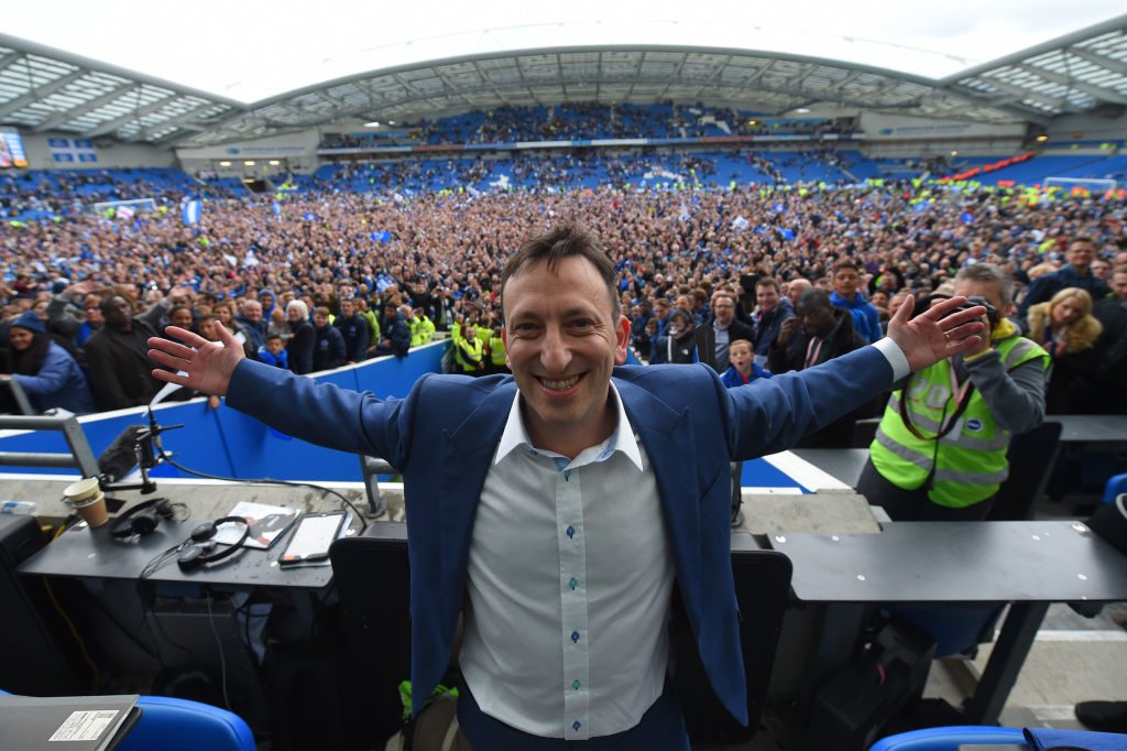 BRIGHTON, ENGLAND - APRIL 17:  Brighton Chairman Tony Bloom celebrates at the end of the Sky Bet Championship match between Brighton & Hove Albion and Wigan Athletic at Amex Stadium on April 17, 2017 in Brighton, England.  (Photo by Mike Hewitt/Getty Images)