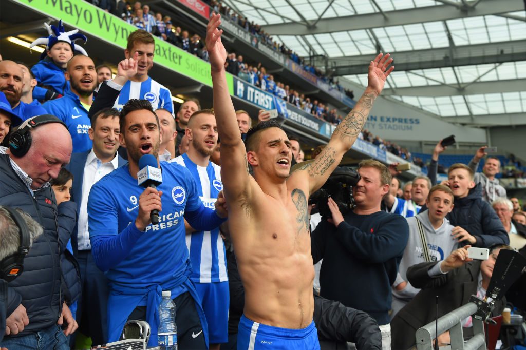 during the Sky Bet Championship match between Brighton & Hove Albion and Wigan Athletic at Amex Stadium on April 17, 2017 in Brighton, England.