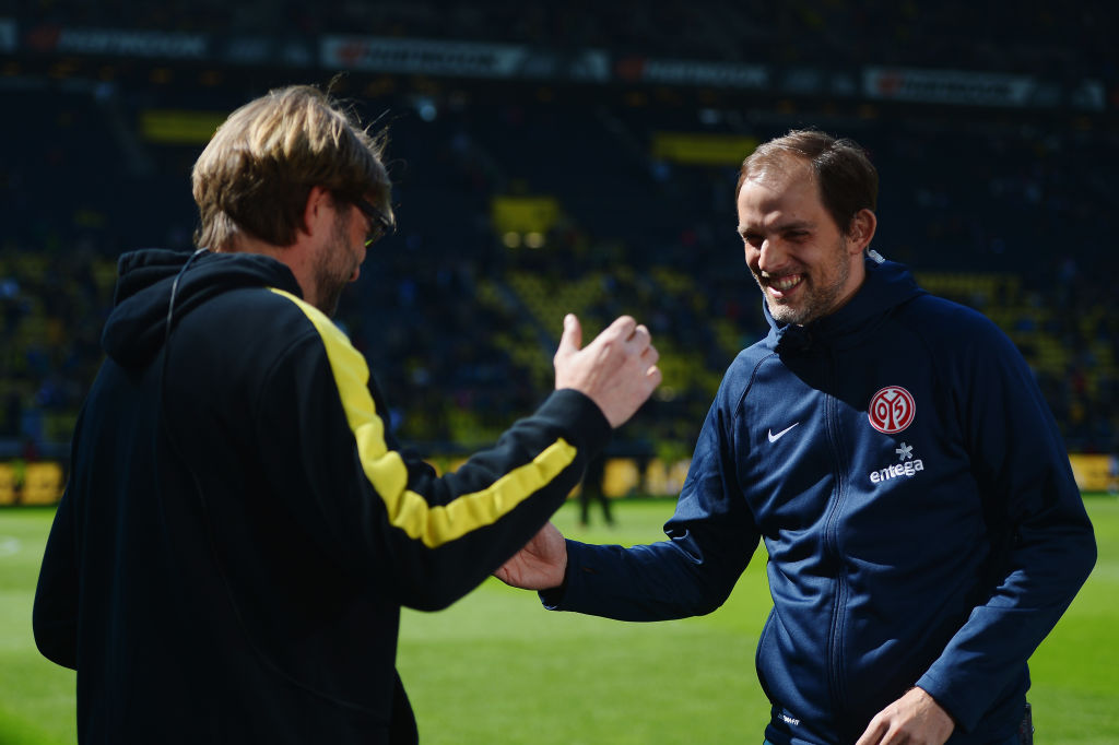 Klopp (vas.) ja Tuchel Borussia Dortmundin ja Mainzin välisessä ottelussa keväällä 2014. Kuva: Getty Images