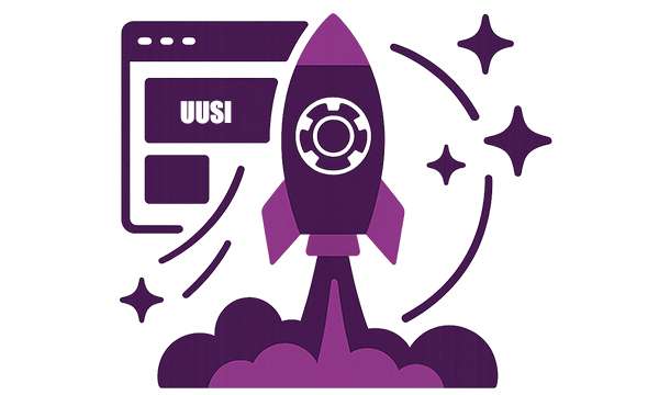 Uudet nettikasinot mobiilinäytöllä ja violetti raketti symboloi niiden nopeutta