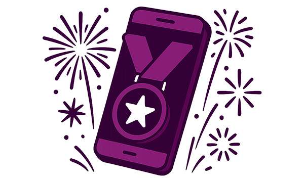 Mitalilla koristeltu älypuhelin kasinopelaamiseen valmiina ja taustalla paukkuvat raketit - parhaiden nettikasinoiden mobiilioptimointi on huippuluokkaa