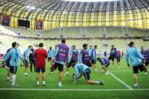 GDANSK, POLAND - JUNE 09: Spanish national team players excercise during a training session ahead of the UEFA Euro 2012 match against Italy at Municipal Stadium on June 9, 2012 in Gdansk, Poland. (Photo by Jasper Juinen/Getty Images)