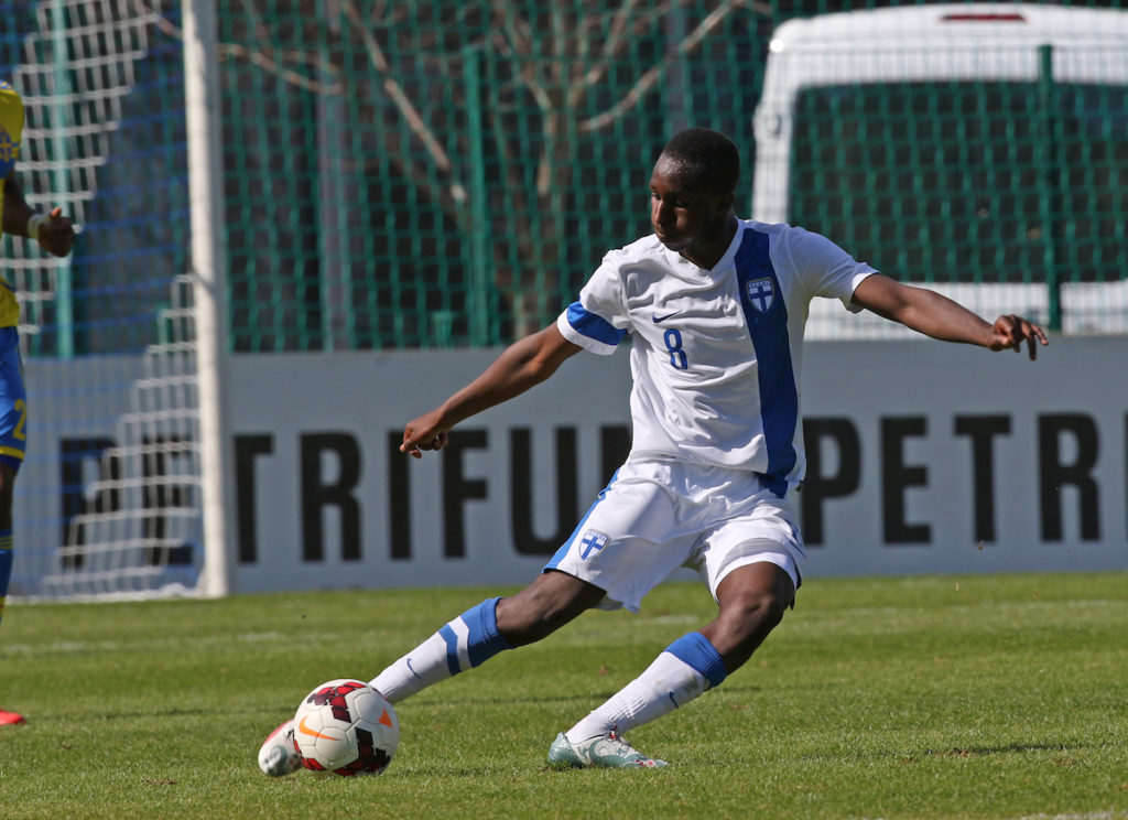 13.6.2015, Pallokenttä, Helsinki, Finland. Under 21 friendly international match Finland v Sweden / Alle 21-vuotiaiden maaottelu Suomi - Ruotsi. Glen Kamara - Finland