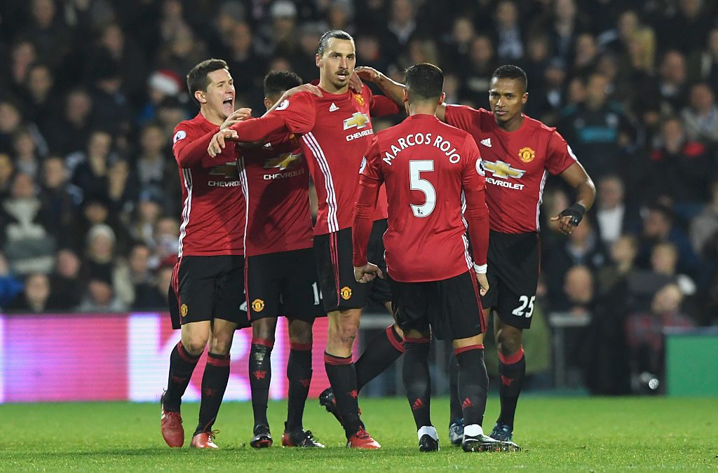 WEST BROMWICH, ENGLAND - DECEMBER 17: Zlatan Ibrahimovic of Manchester United (C) celebrates scoring his sides second goal with his Manchester United team mates during the Premier League match between West Bromwich Albion and Manchester United at The Hawthorns on December 17, 2016 in West Bromwich, England.  (Photo by Stu Forster/Getty Images)