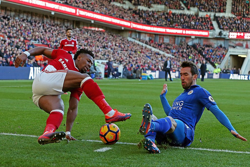 MIDDLESBROUGH, ENGLAND - JANUARY 02: Adama Traore of Middlesbrough is challenged by Christian Fuchs of Leicester City during the Premier League match between Middlesbrough and Leicester City at Riverside Stadium on January 2, 2017 in Middlesbrough, England.  (Photo by Nigel Roddis/Getty Images)