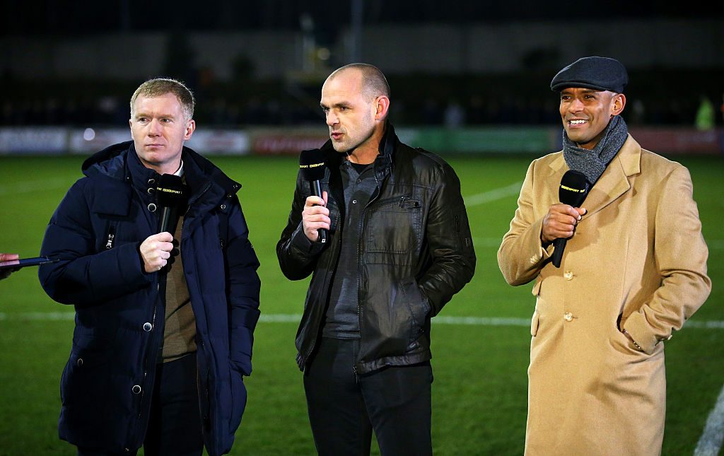 SALFORD, ENGLAND - DECEMBER 04: The BBC pundits (L-R) Paul Scholes, part owner of Salford City and former players Danny Murphy and Trevor Sinclair talk prior to the Emirates FA Cup Second Round match between Salford City and Hartlepool United at Moor Lane on December 4, 2015 in Salford, England. (Photo by Alex Livesey/Getty Images)